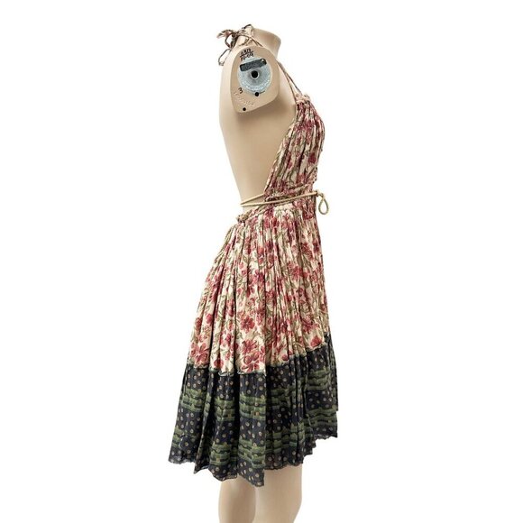 Free People Boho Floral Plunge Halter Neck Swing Sundress Rope Tie Waist Women M - Picture 3 of 9
